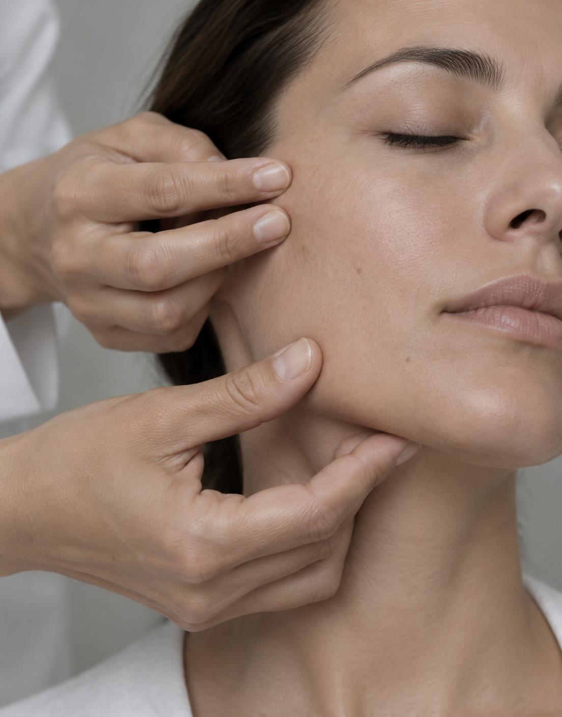 Mani professionali che lavorano sul viso di una donna, primo piano